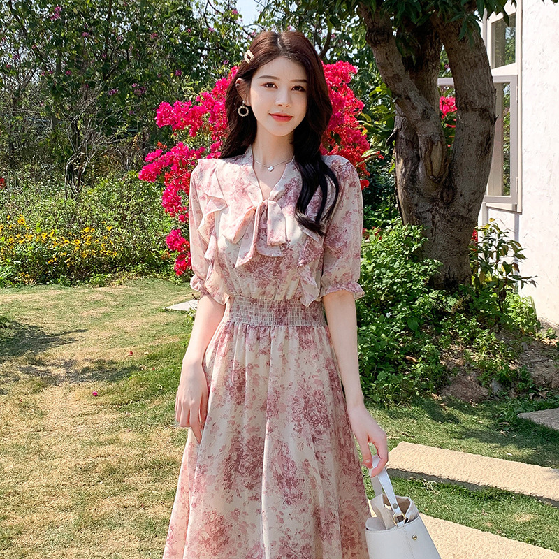 女装 花柄ボウタイワンピース ピンク系 大きいサイズ対応 上品長袖