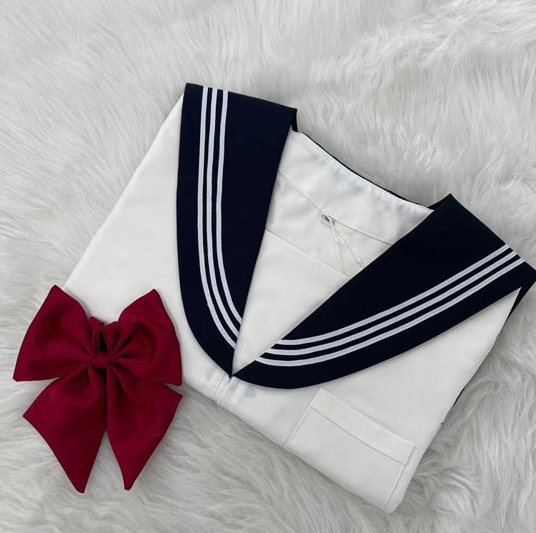 女装 学園風大きめリボン付き半袖セーラー服上下セット