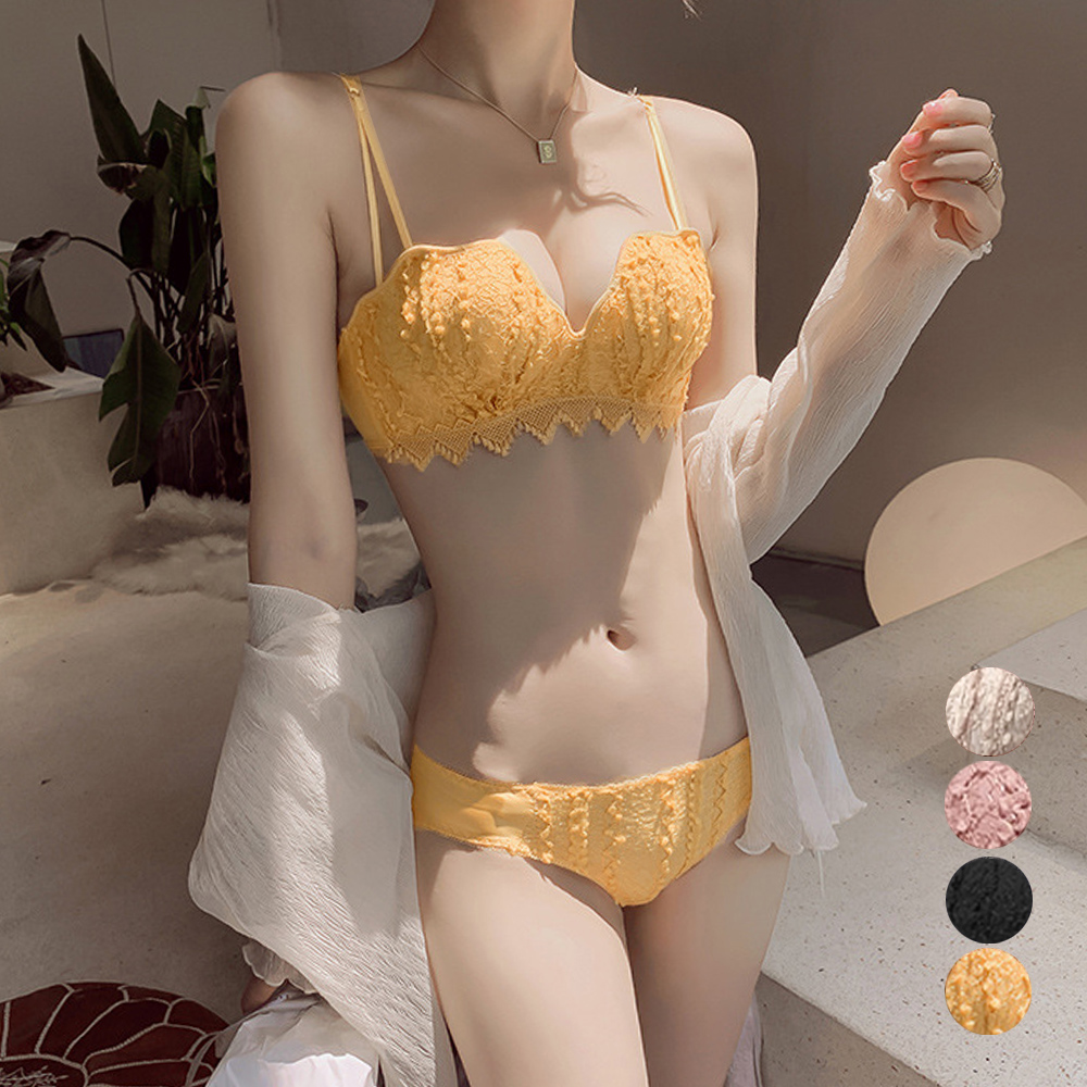女装 繊細な花柄刺しゅうノンワイヤー下着セット 