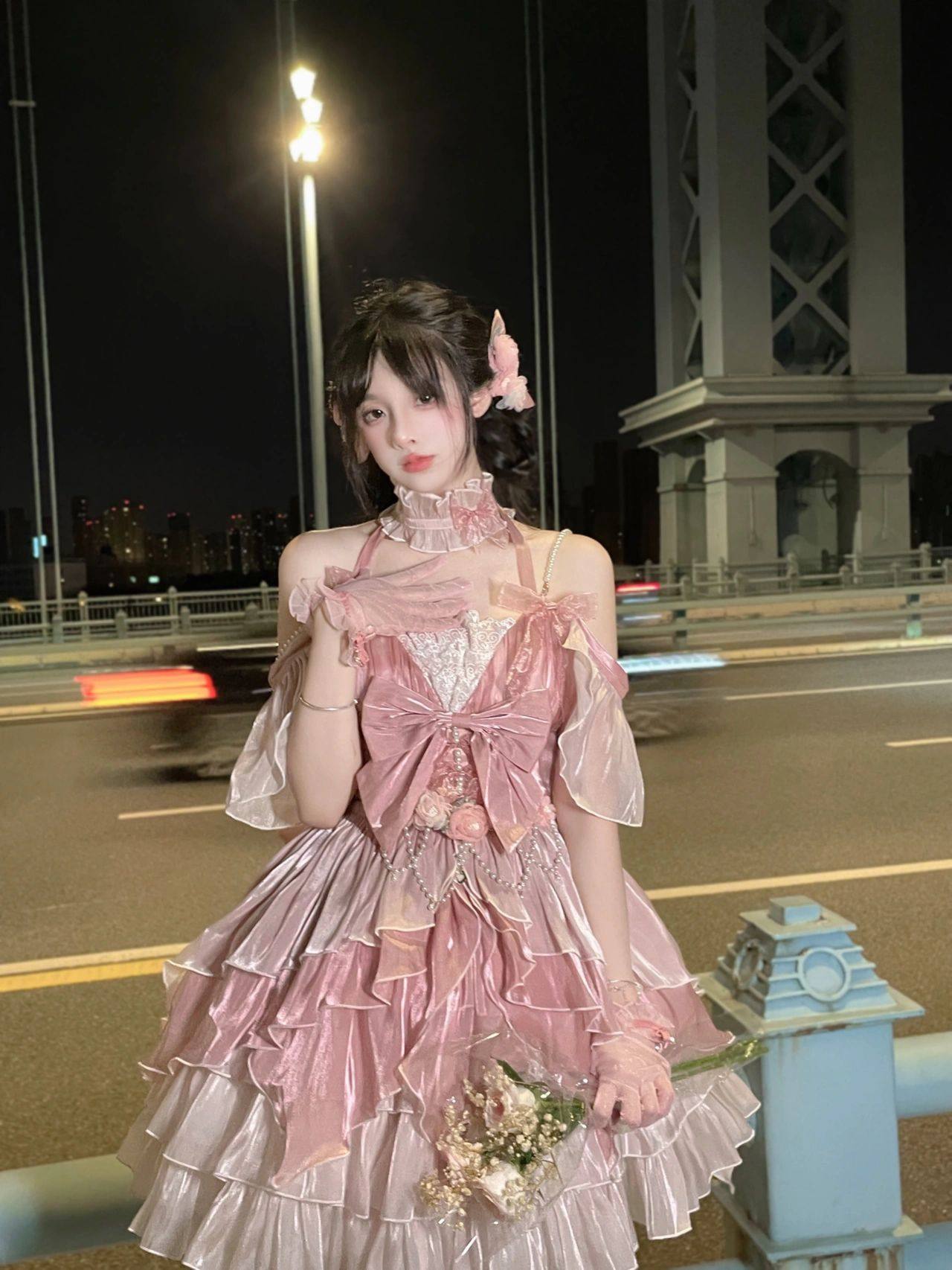 女装 姫系フリルオフショルダー光沢プリンセスドレス