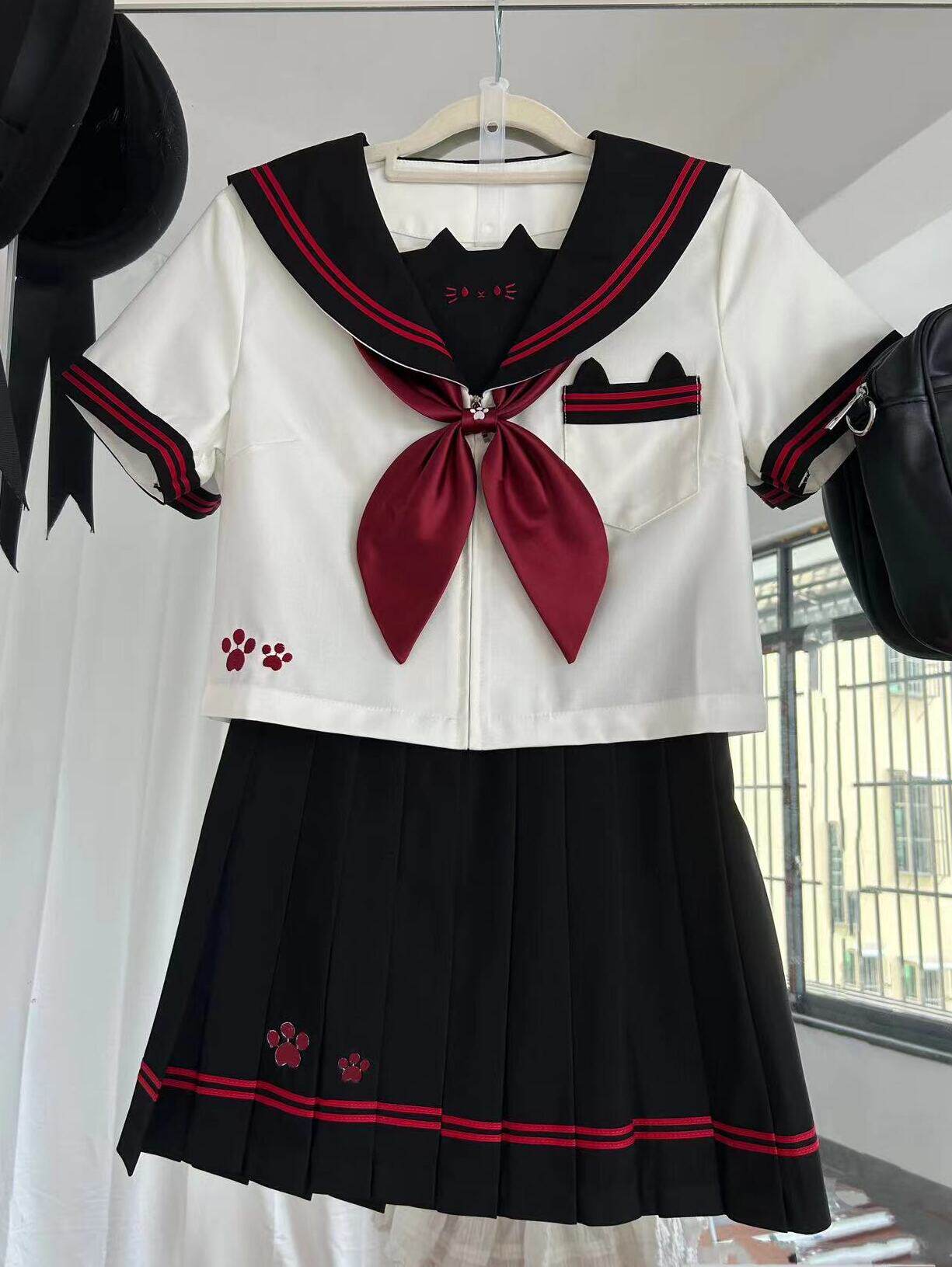 女装 猫耳刺繍入り本格派女装セーラー服上下セット