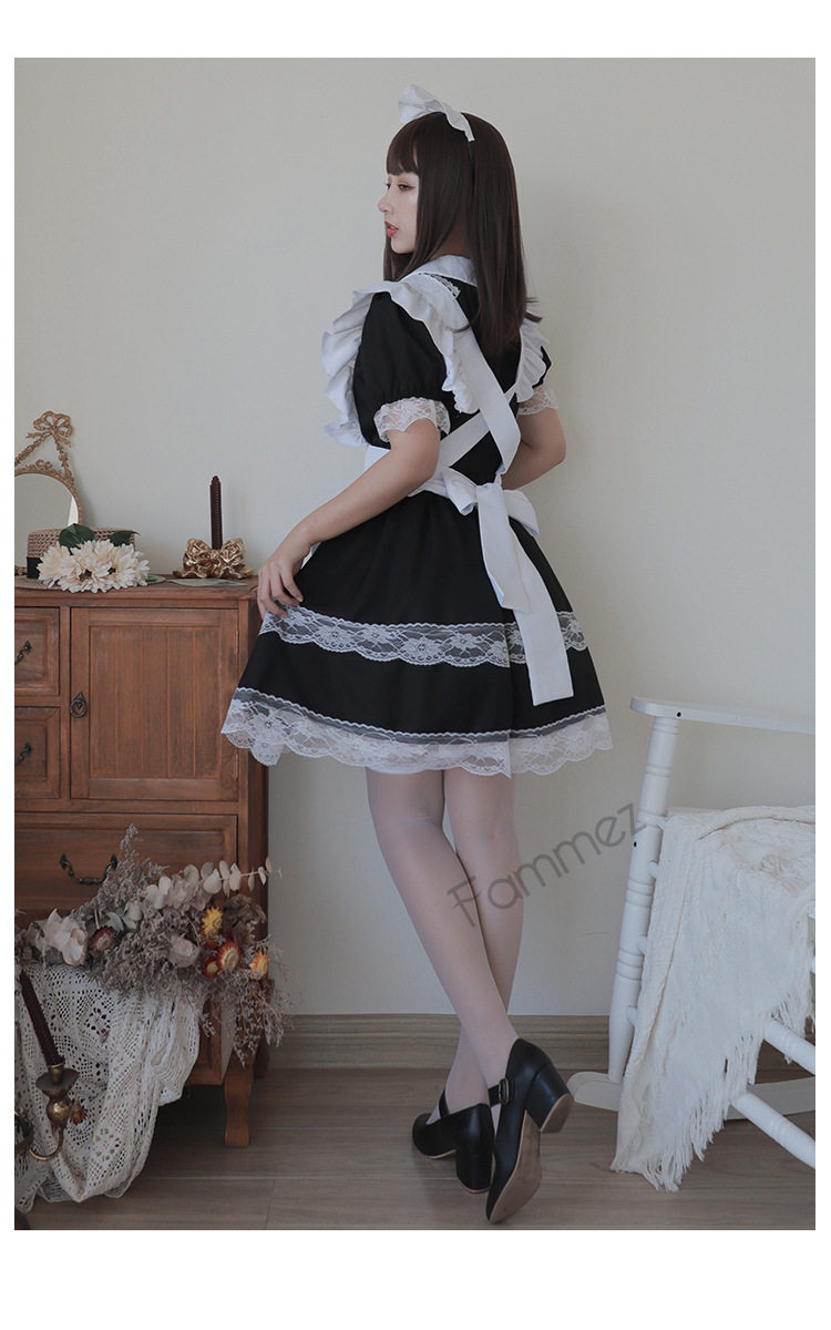 女装 背中交差リボン付き華やかフリル袖メイド服