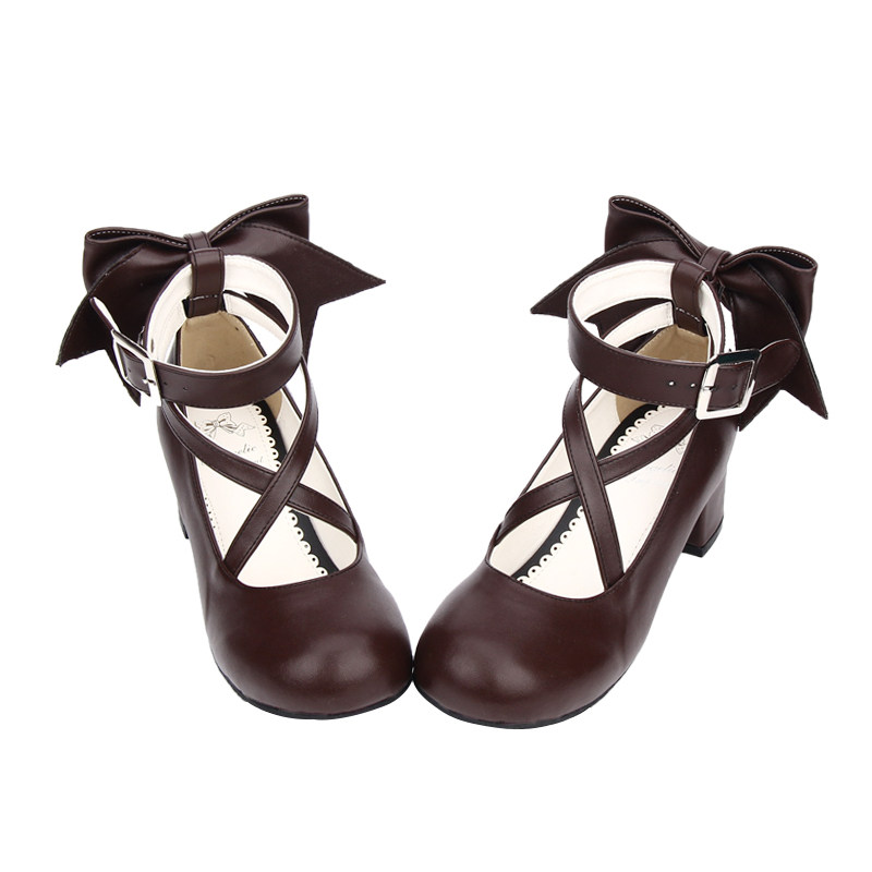 女装 大きなリボン付きクロスストラップ太踵メイド靴
