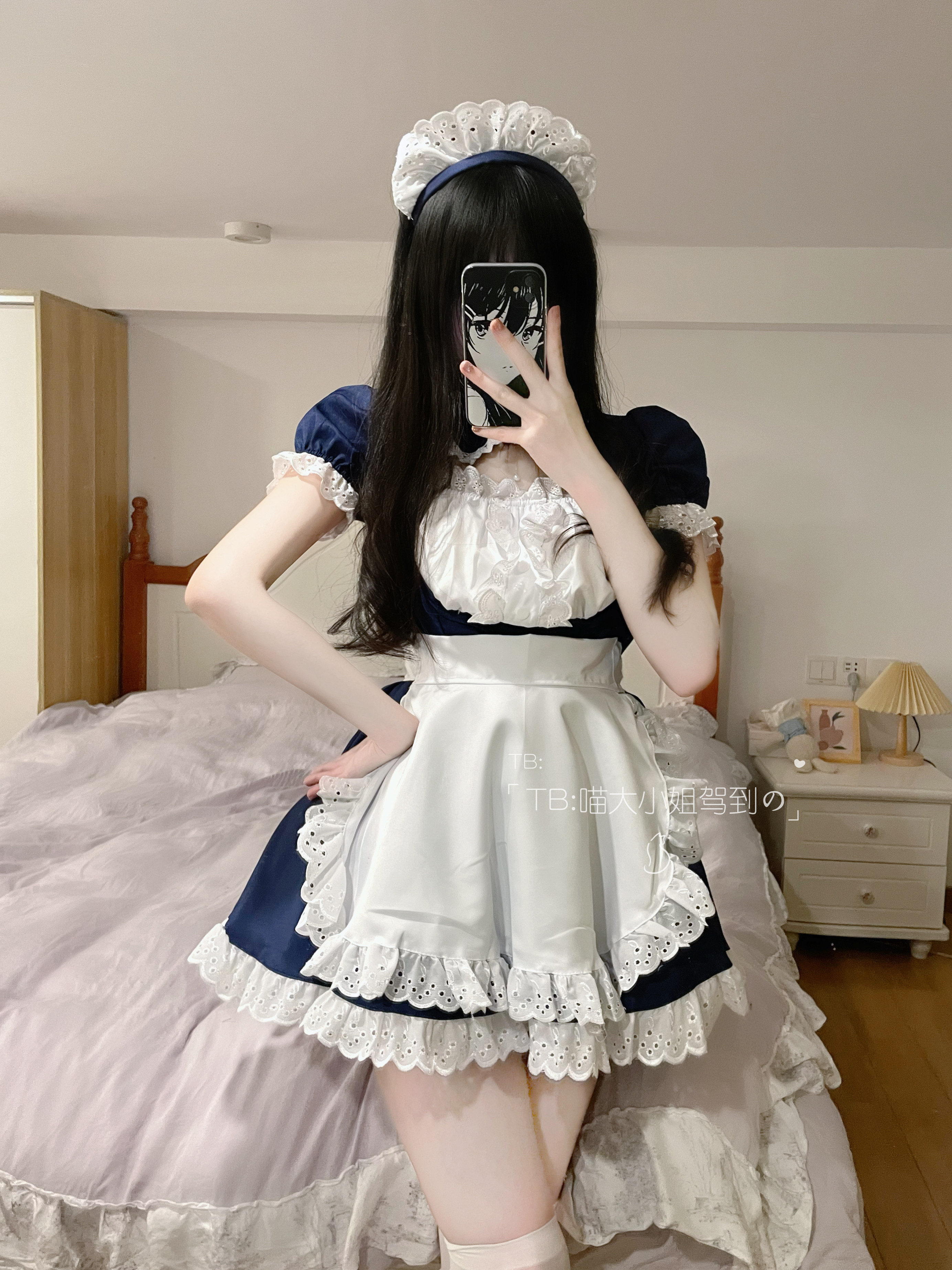 女装 刺繍レース付きパフスリーブメイド服衣装セット