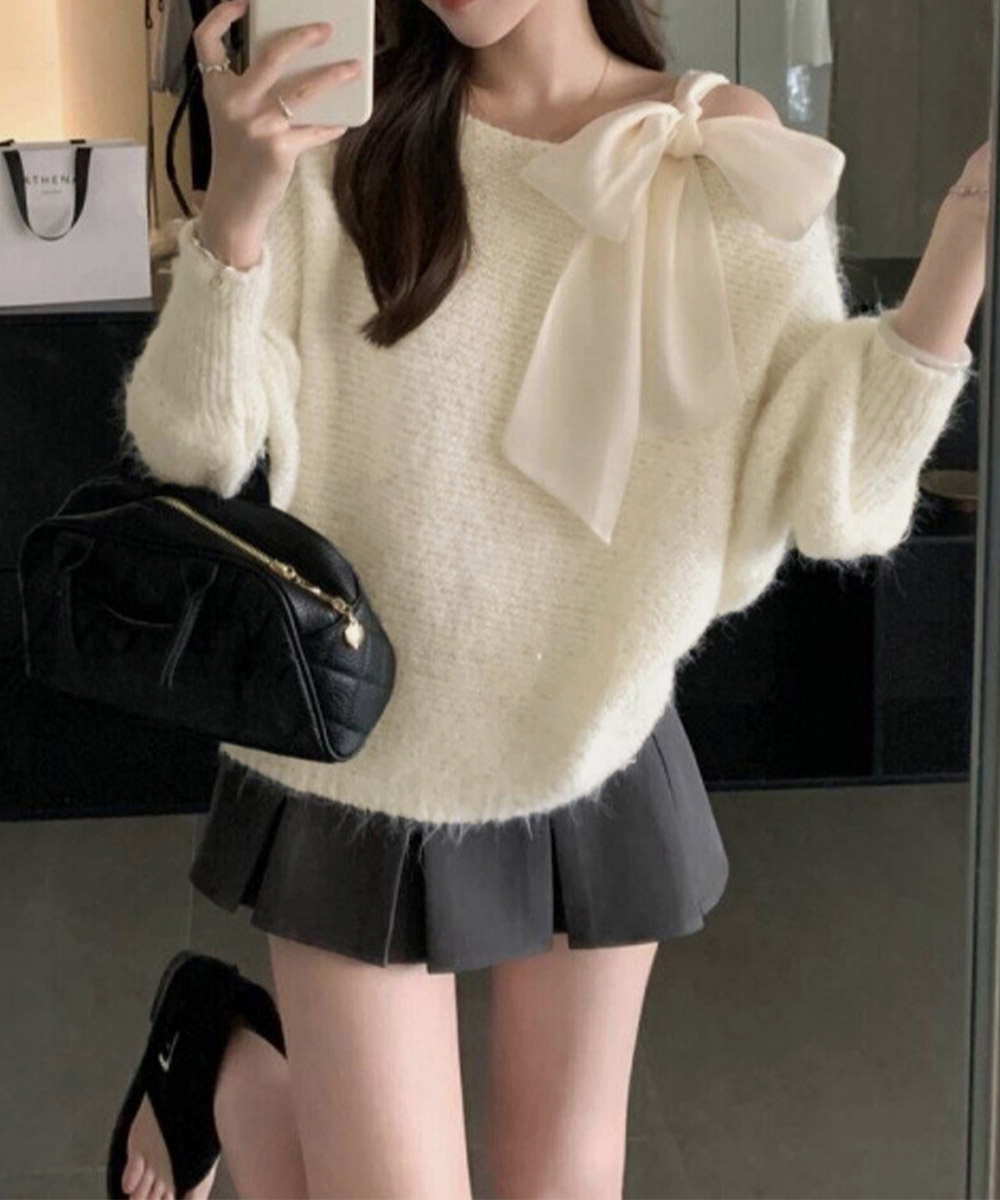 女装 煌めきラメニット肩リボン付き下着風トップス