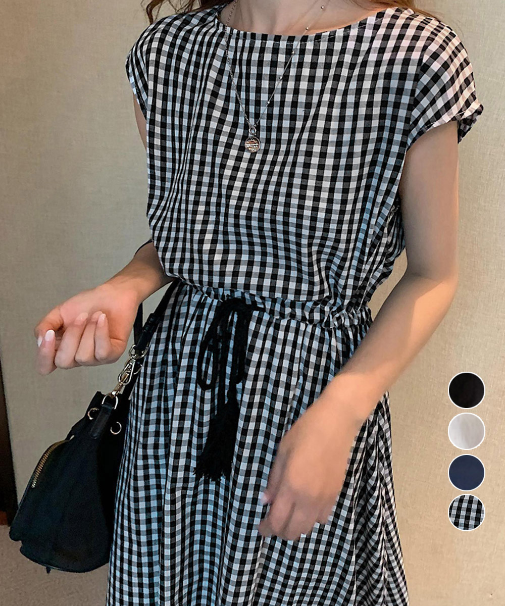 女装 綿麻風チェック柄ワンピース 春夏半袖ロング丈