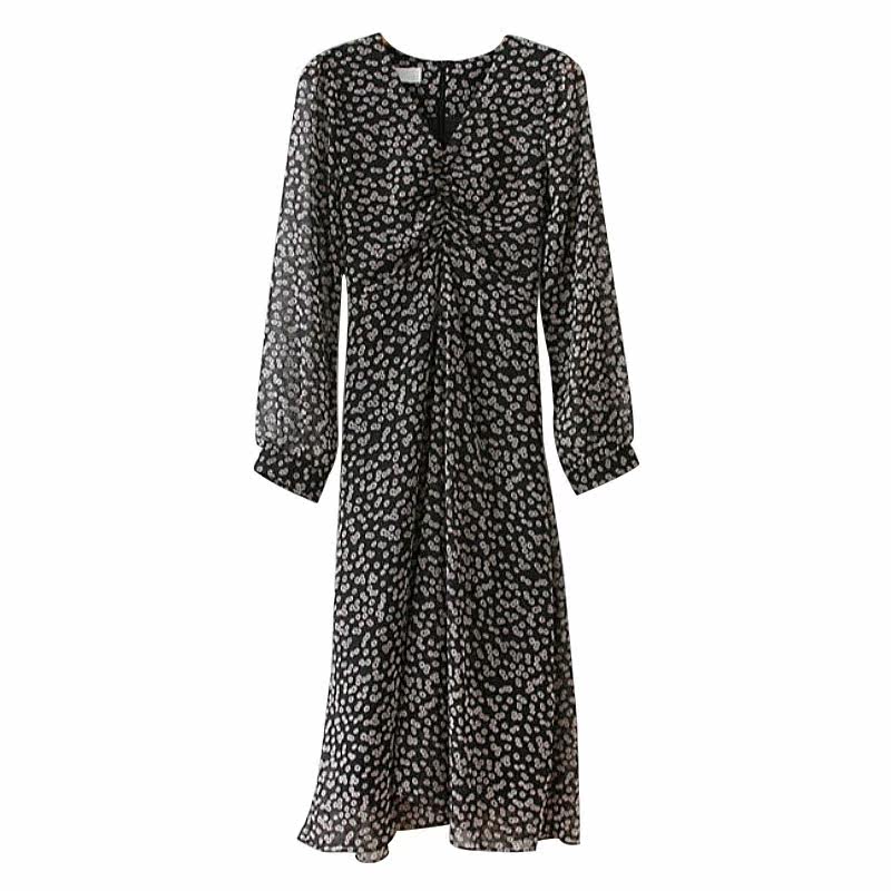 女装 小花柄シフォンカシュクール長袖ワンピース