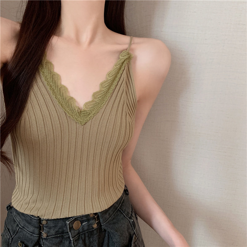 レース付きリブ編みキャミソール