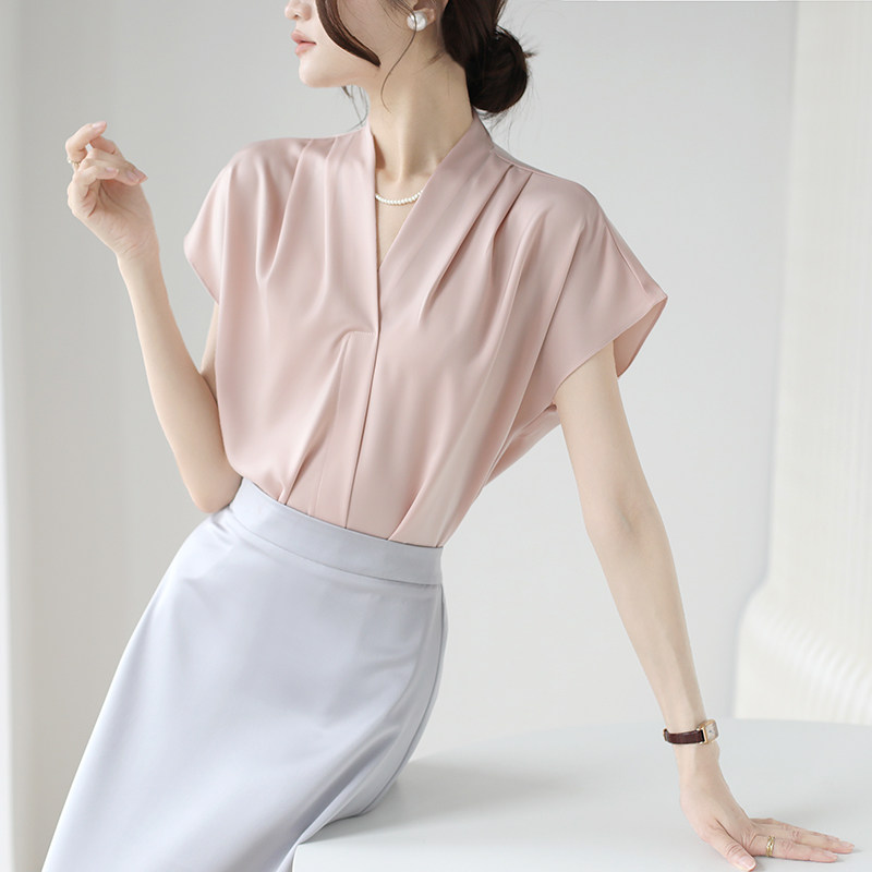 女装 優雅なブイネック半袖ブラウス