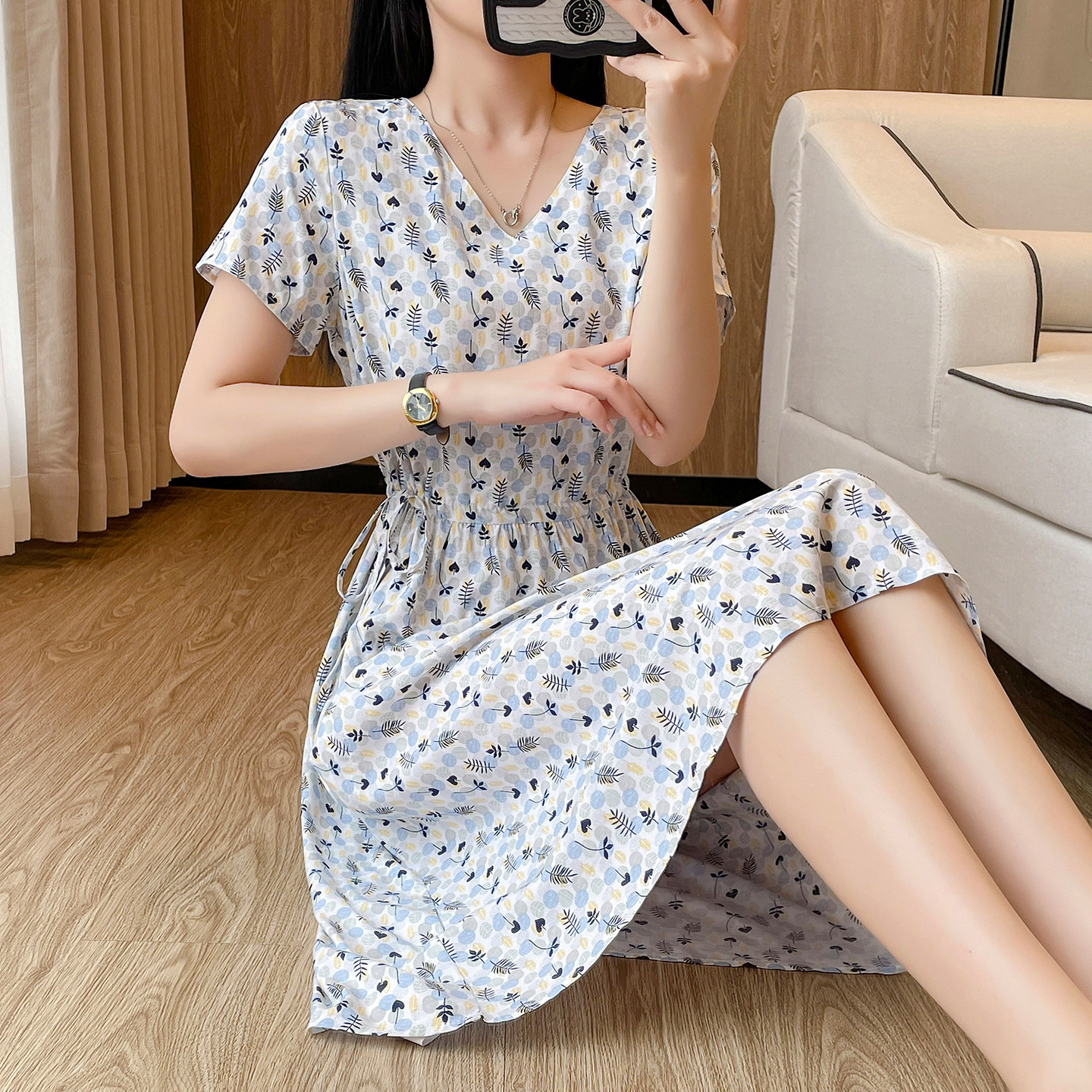 女装 小花柄ボタニカル半袖ウエストギャザーワンピース