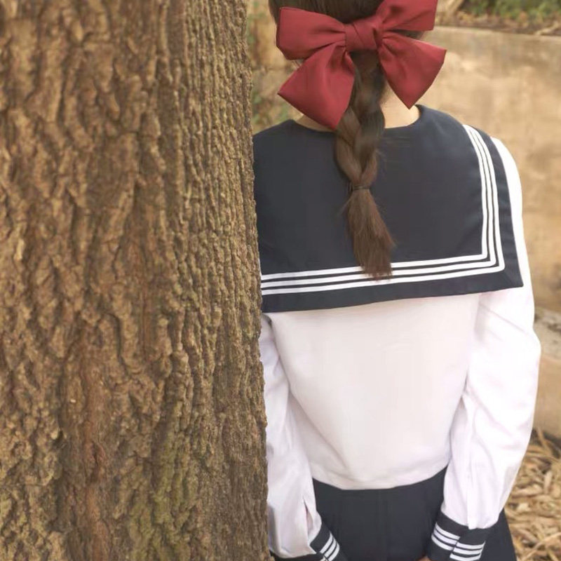 女装 学園風大きめリボン付き半袖セーラー服上下セット