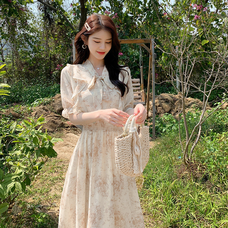 女装 花柄ボウタイワンピース ピンク系 大きいサイズ対応 上品長袖