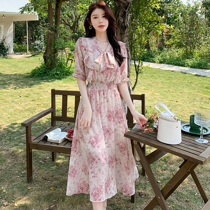 女装 花柄ボウタイワンピース ピンク系 大きいサイズ対応 上品長袖