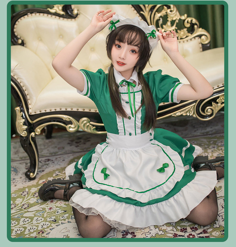 女装 クローバー刺繍付き清楚系メイド服フルセット