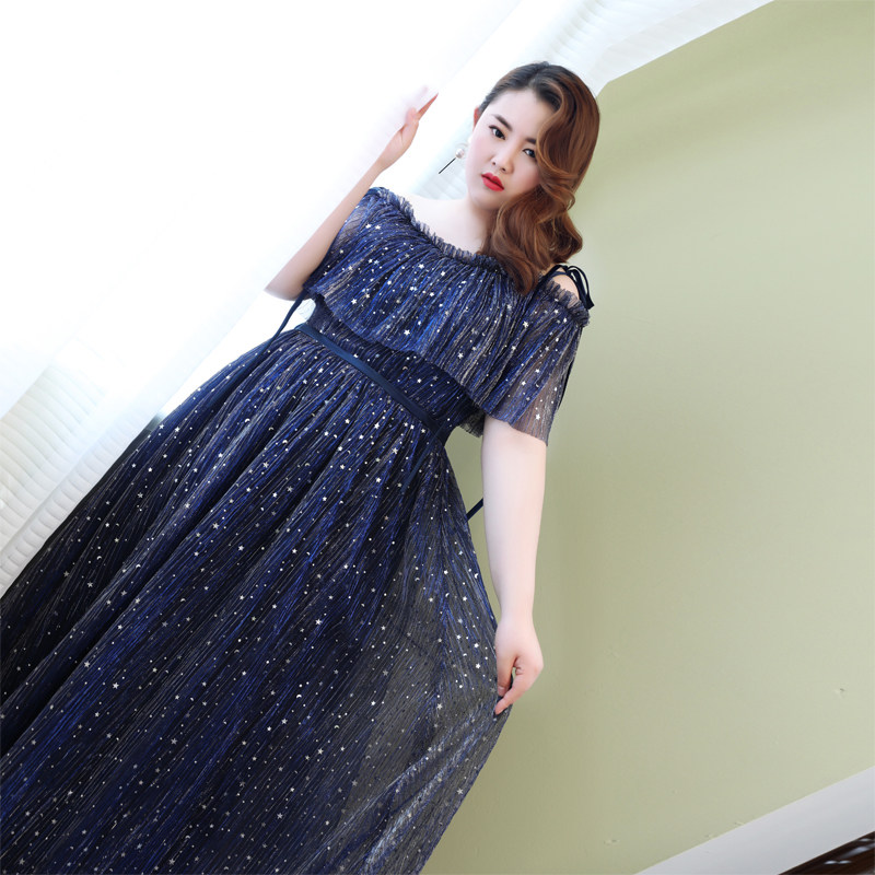 女装 星空煌めく肩開きチュールロングワンピース