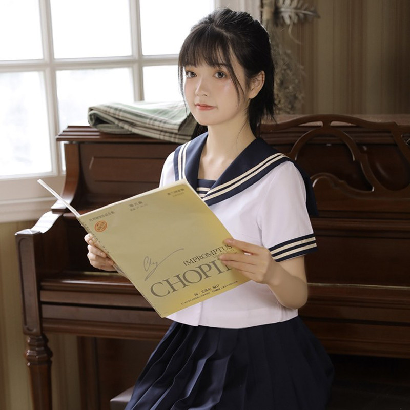 女装 清楚系三本ライン襟リボン付きセーラー服上下セット