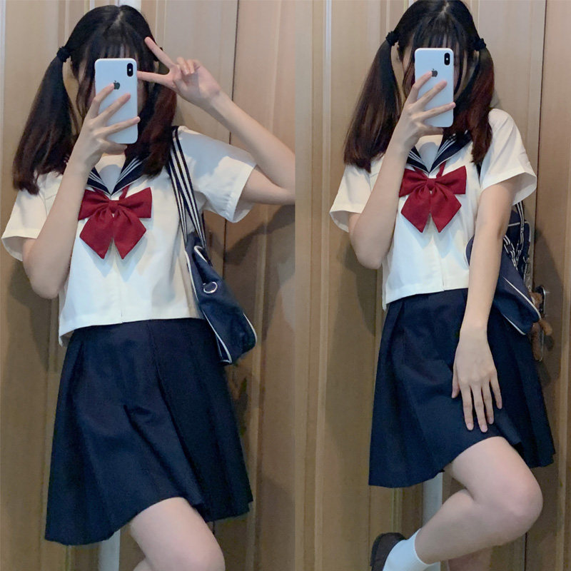 女装 学園風大きめリボン付き半袖セーラー服上下セット