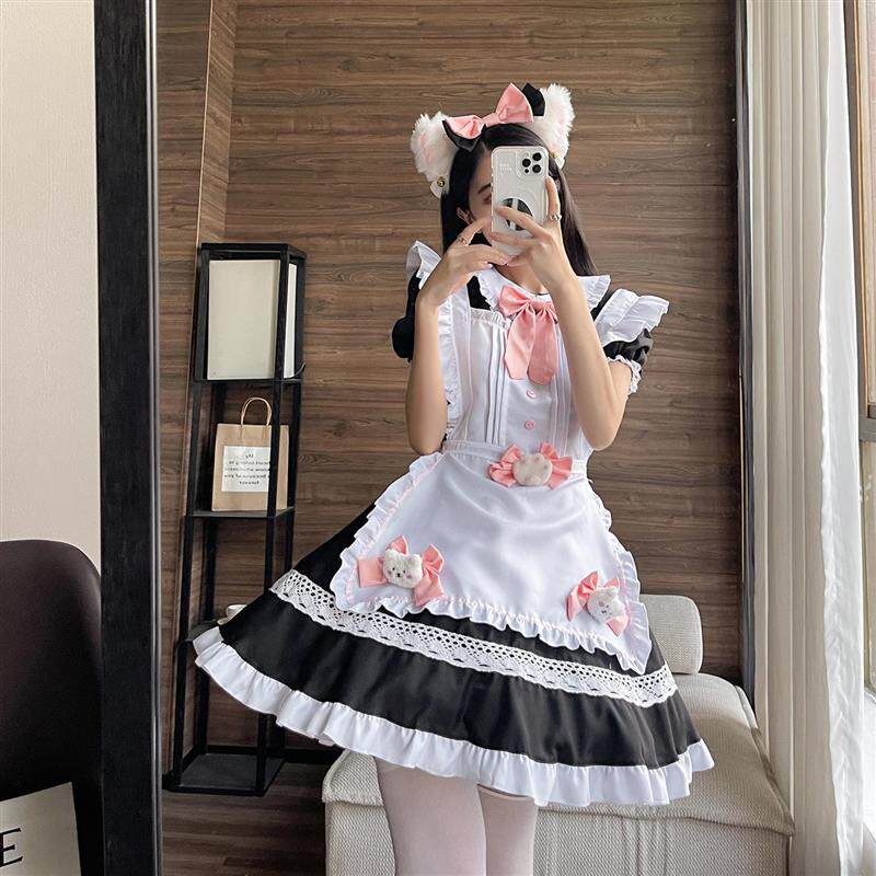女装 子猫耳カチューシャ付きフリルエプロンメイド服セット
