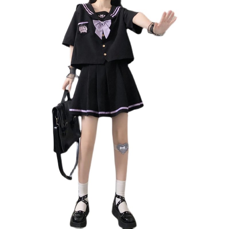 女装 襟ライン付き大きなリボン半袖セーラー服上下セット