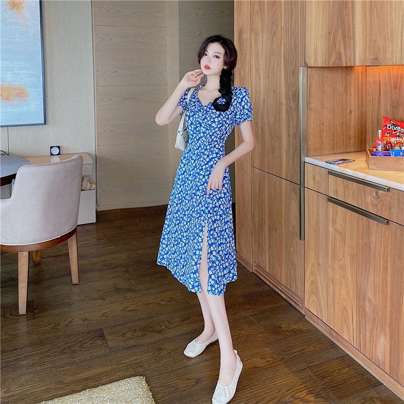 女装 小花柄パフスリーブ襟付きミディ丈ワンピース