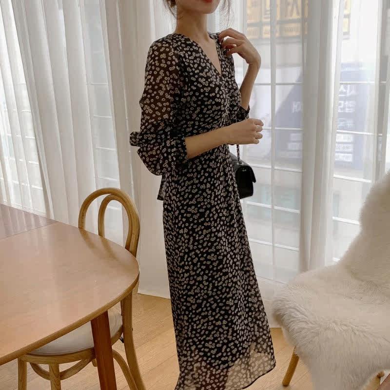 女装 小花柄シフォンカシュクール長袖ワンピース