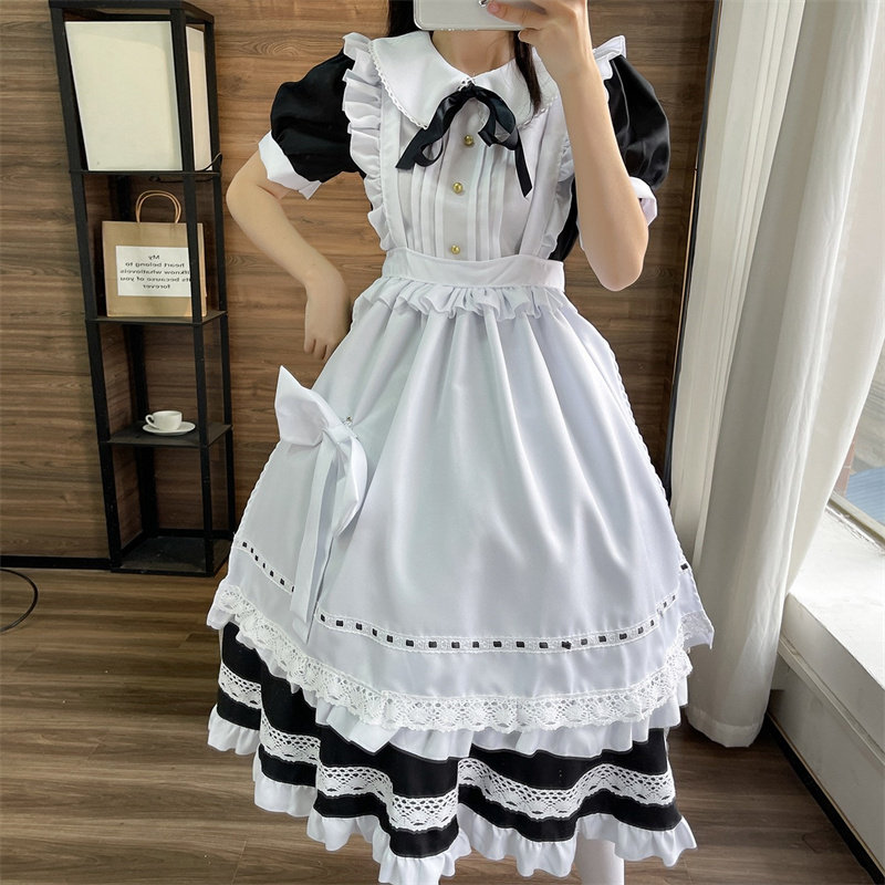 女装 クラシカル襟飾りフリル付きメイド服フルセット