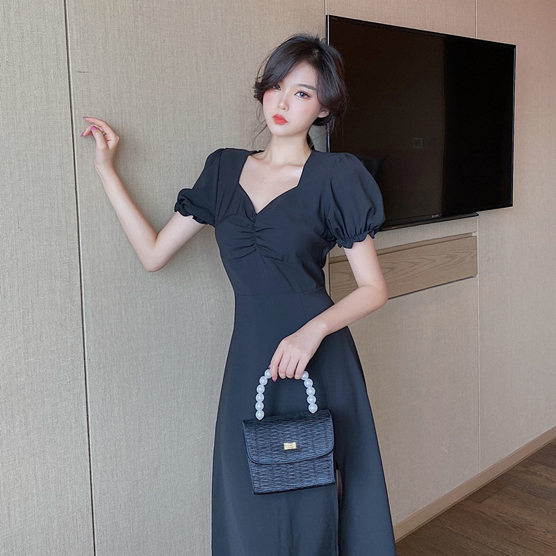 女装 小花柄パフスリーブ襟付きミディ丈ワンピース