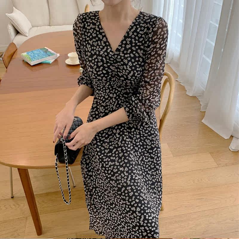 女装 小花柄シフォンカシュクール長袖ワンピース