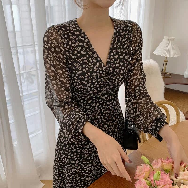 女装 小花柄シフォンカシュクール長袖ワンピース