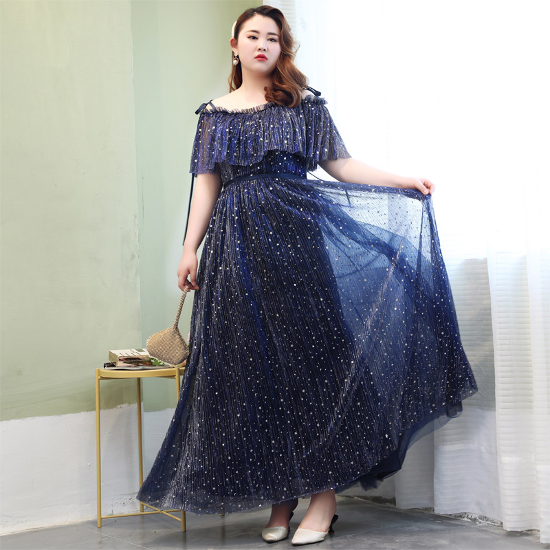 女装 星空煌めく肩開きチュールロングワンピース