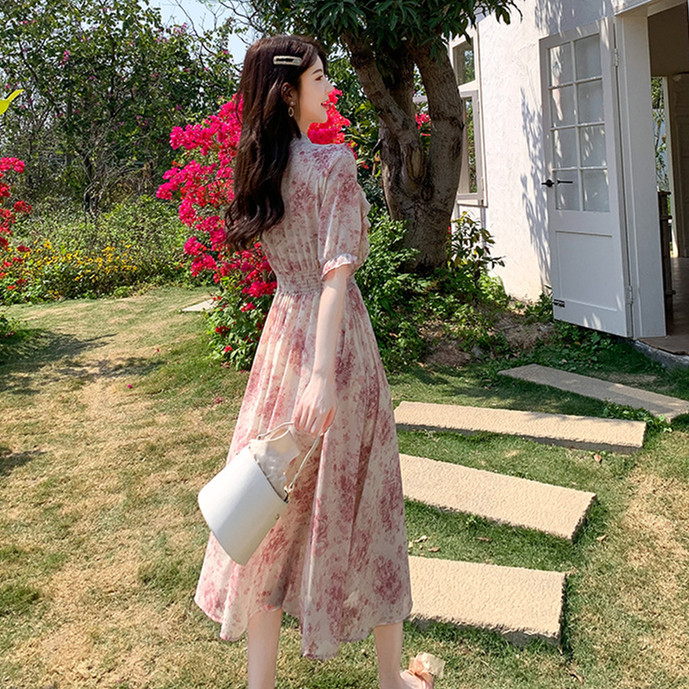 女装 花柄ボウタイワンピース ピンク系 大きいサイズ対応 上品長袖