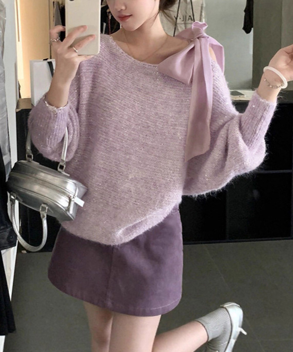 女装 煌めきラメニット肩リボン付き下着風トップス