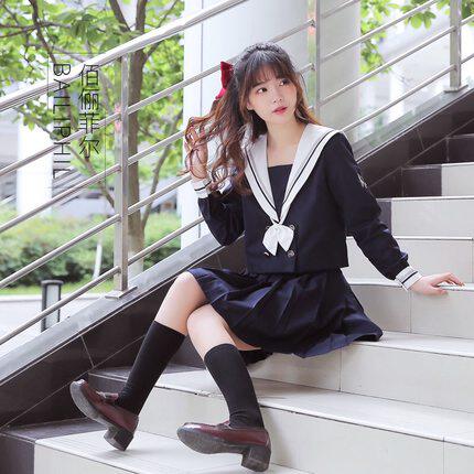 女装 大きな襟リボン付き長袖プリーツセーラー服