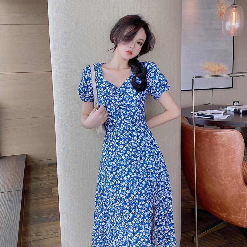 女装 小花柄パフスリーブ襟付きミディ丈ワンピース