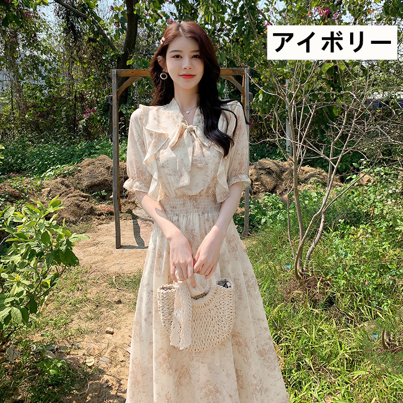 女装 花柄ボウタイワンピース ピンク系 大きいサイズ対応 上品長袖