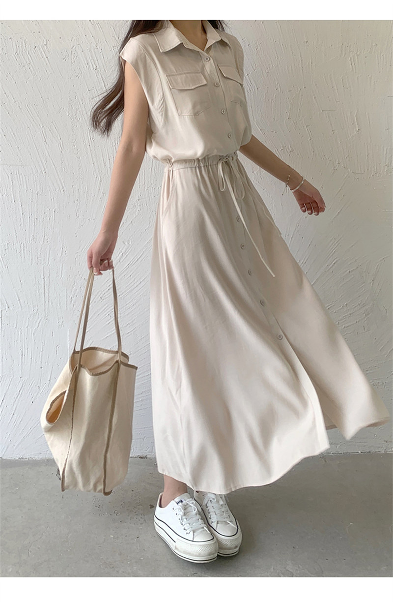 女装 上品シャツ風ロング丈ワンピース半袖ウエストリボン付き