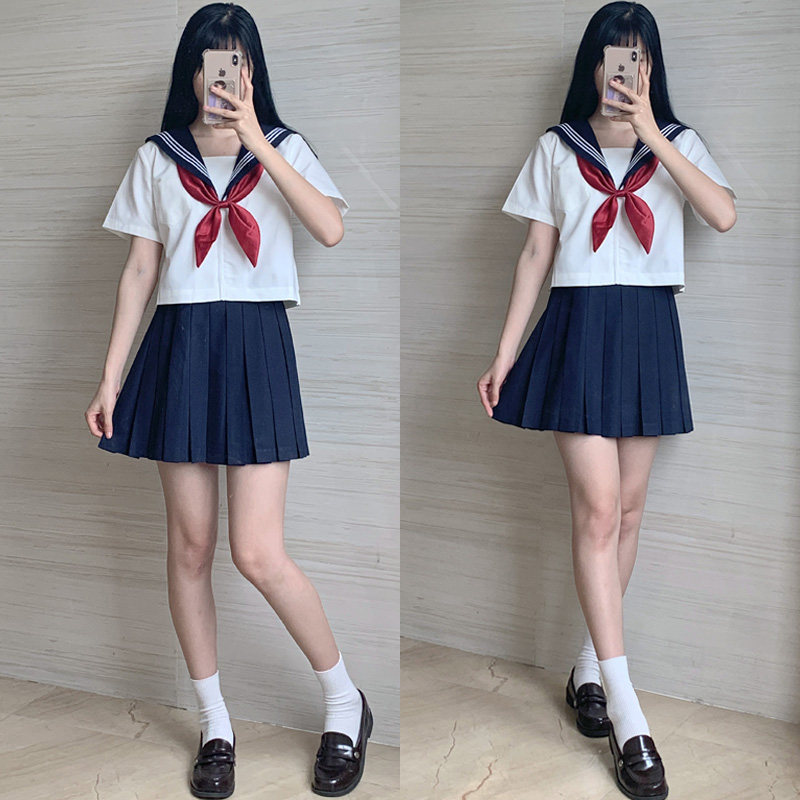 女装 学園風大きめリボン付き半袖セーラー服上下セット
