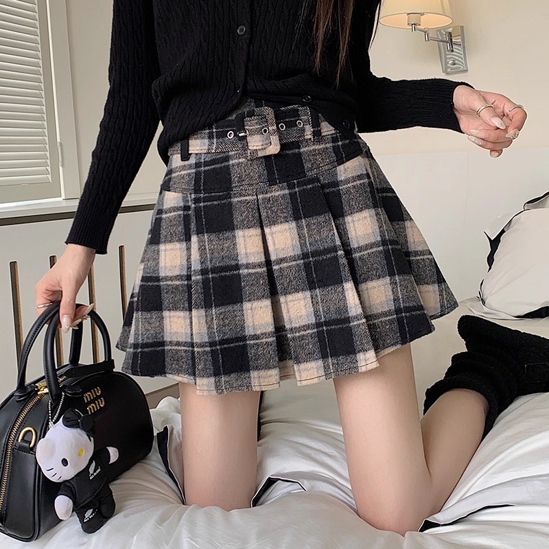 女装 チェック柄ハイウエストプリーツミニスカート