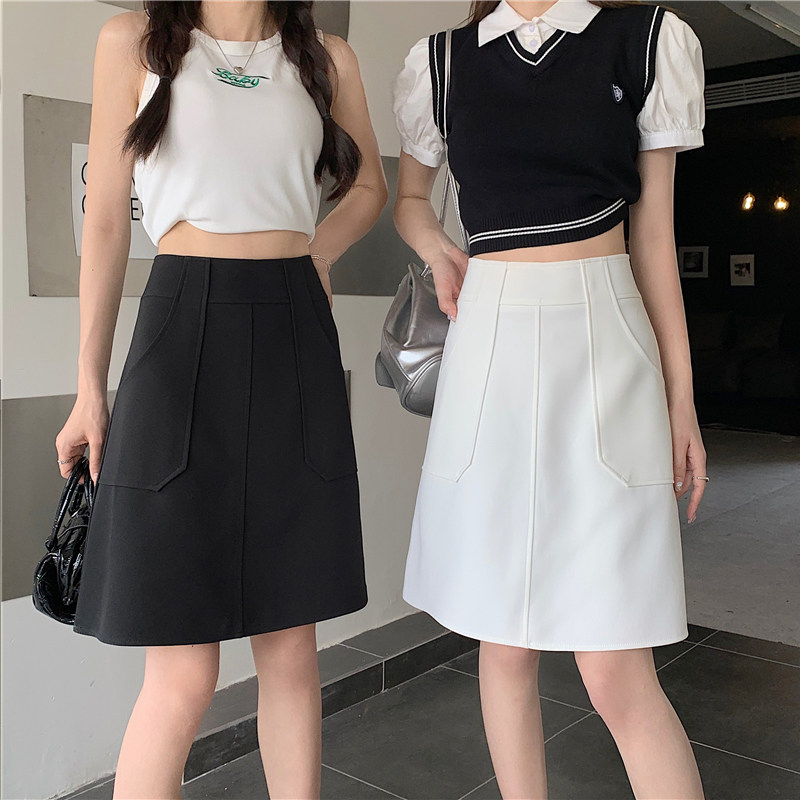 女装 フロントポケット付きハイウエスト膝丈台形スカート