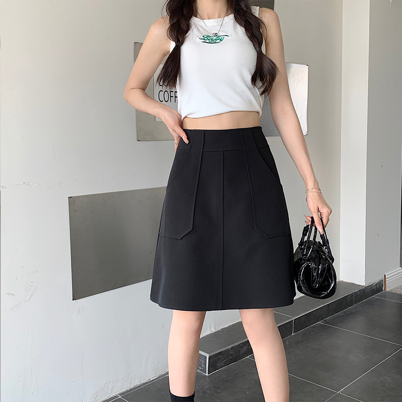 女装 フロントポケット付きハイウエスト膝丈台形スカート