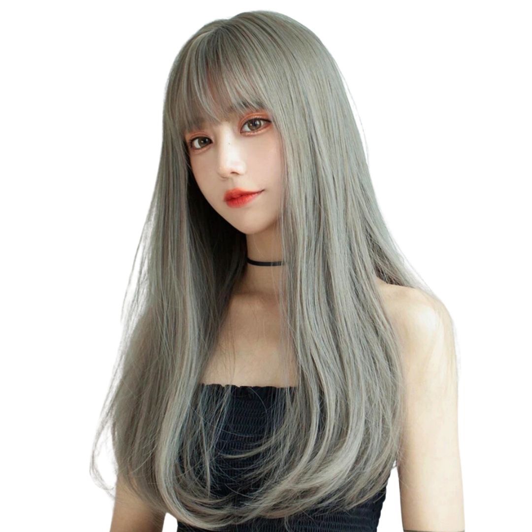 女装 ウィッグ 銀髪アッシュ ロング ぱっつん前髪 フルウィッグ