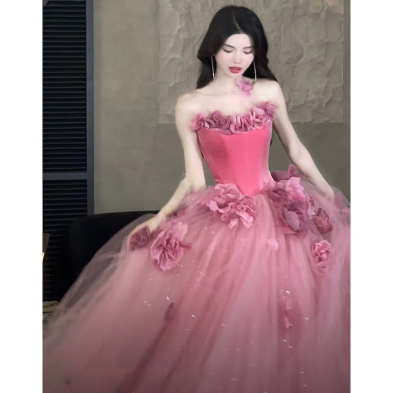 女装 立体花装飾ベアトップボリュームチュールドレス