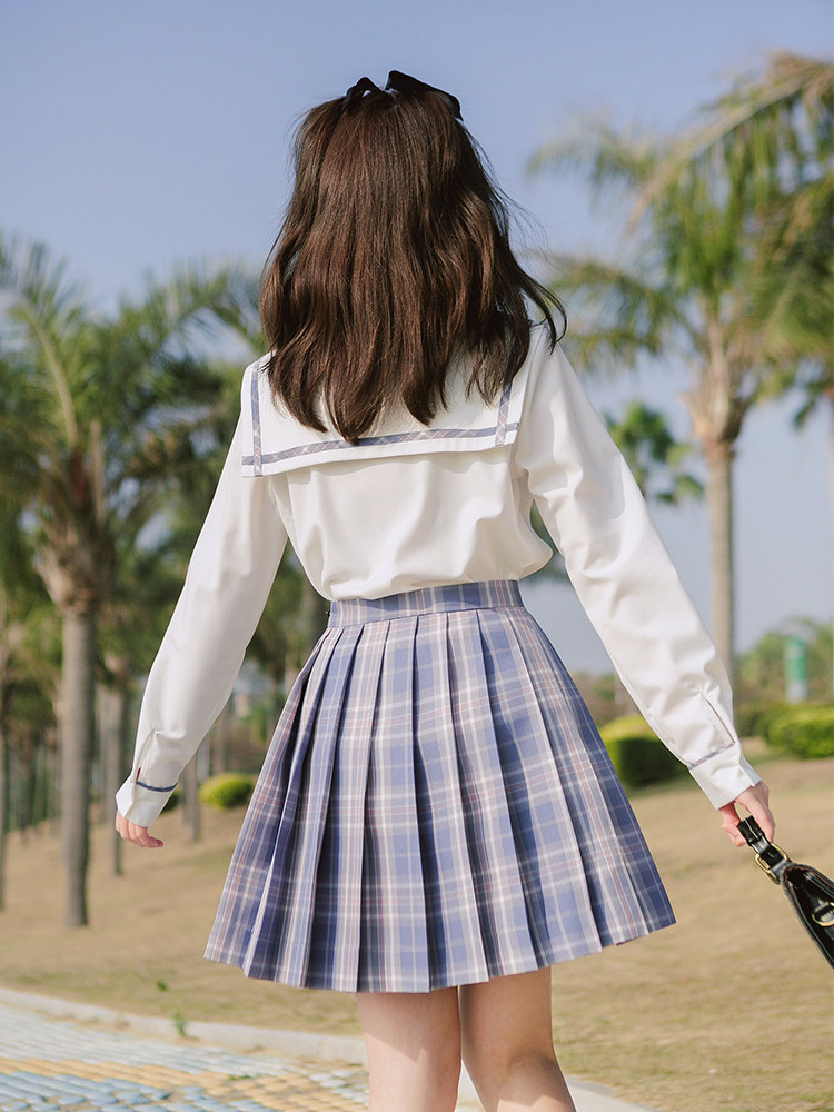 女装 チェック柄リボン付き長袖セーラー服上下セット