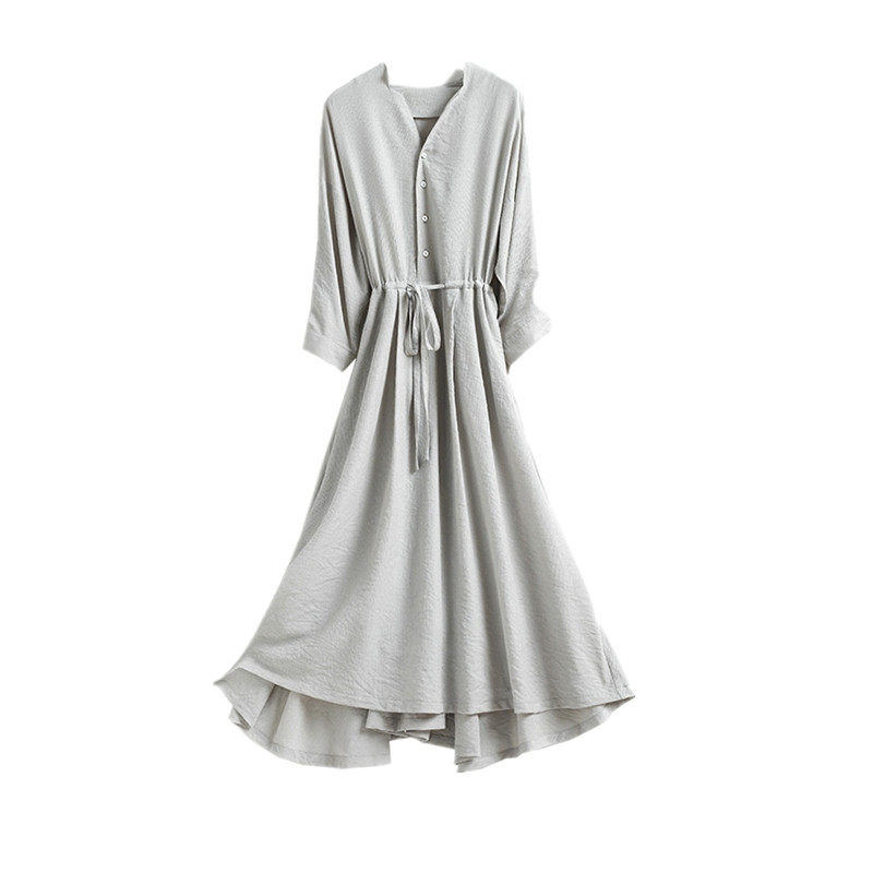 女装 開襟ウエストリボン七分袖ロングワンピース