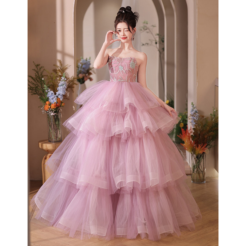 女装 刺繍入りベアトップティアードチュールロングドレス