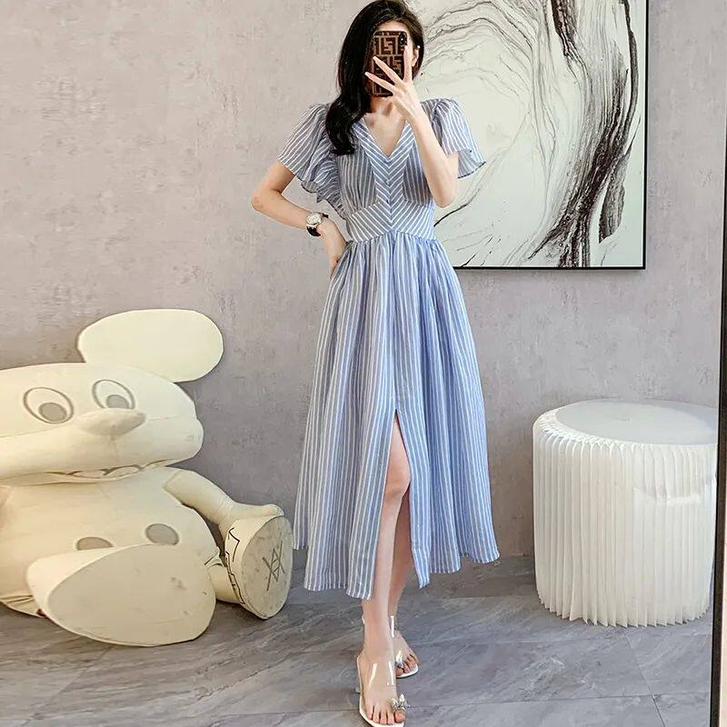 女装 縦縞柄Vネックフレア袖ミディ丈ワンピース