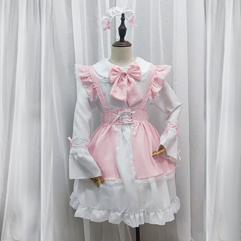 女装 胸元リボン付きフリル袖エプロンメイド服セット