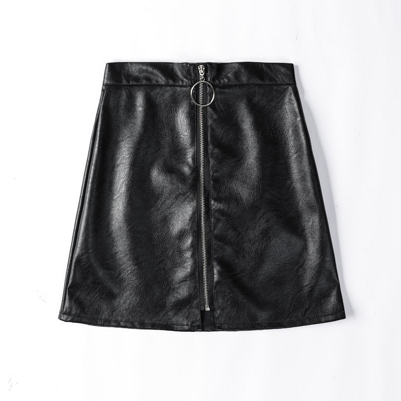合成皮革フロントジップ台形ミニスカート