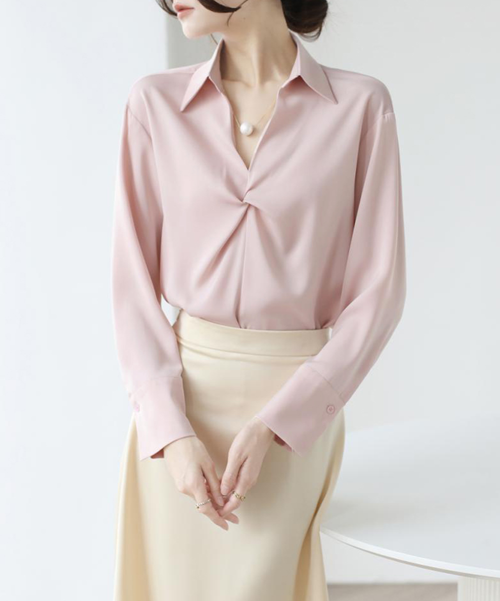女装 上品な深襟ねじりブラウス長袖スーツシャツ
