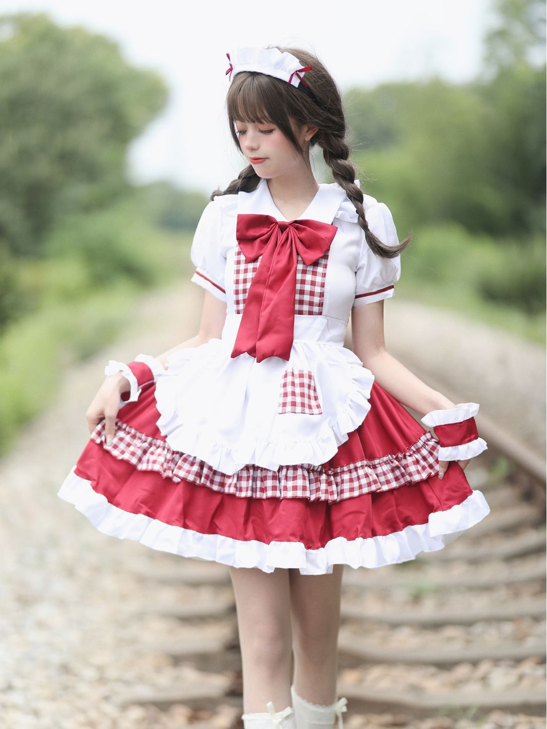 女装 ギンガムチェック フリルメイド服 セット